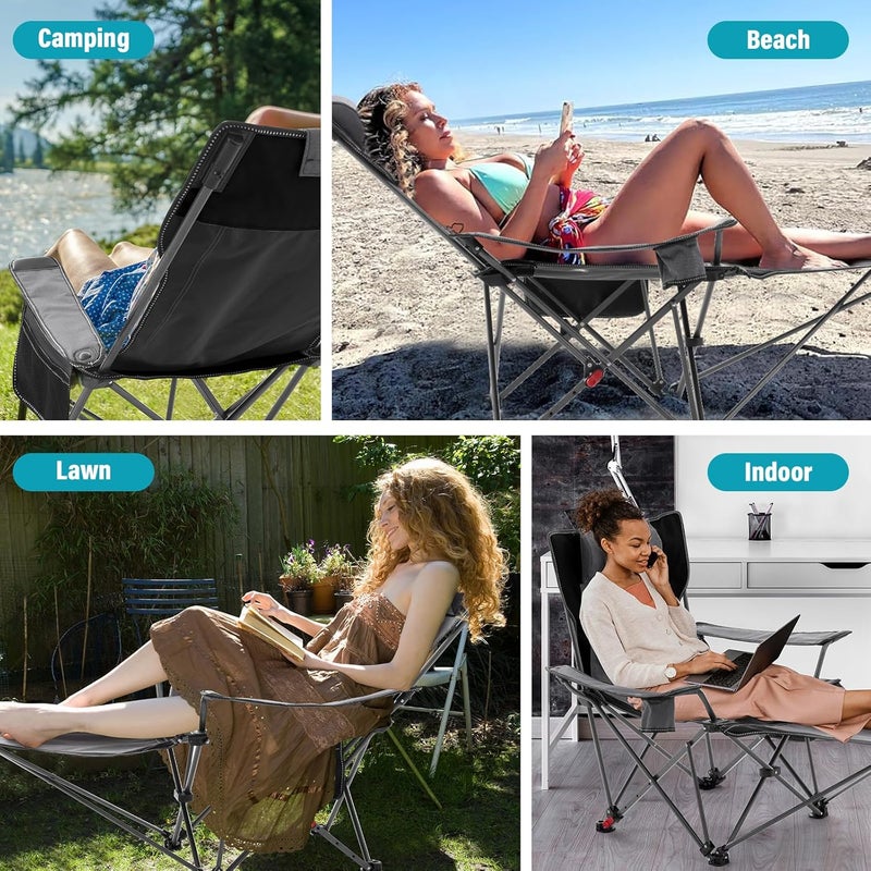 Reclining Camping Chair with Foot Rest, Folding Lounge Chair for Adults,Outdoor Chair Support 300 lbs with Adjustable Backrest ⋓ Holder Portable Recliner Beach Chair for Lawn Outside,Gray - Image 4